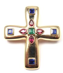 Cartier Vizantija Sapphire Ruby Emeral Cross Yellow Gold Pendant Brooch