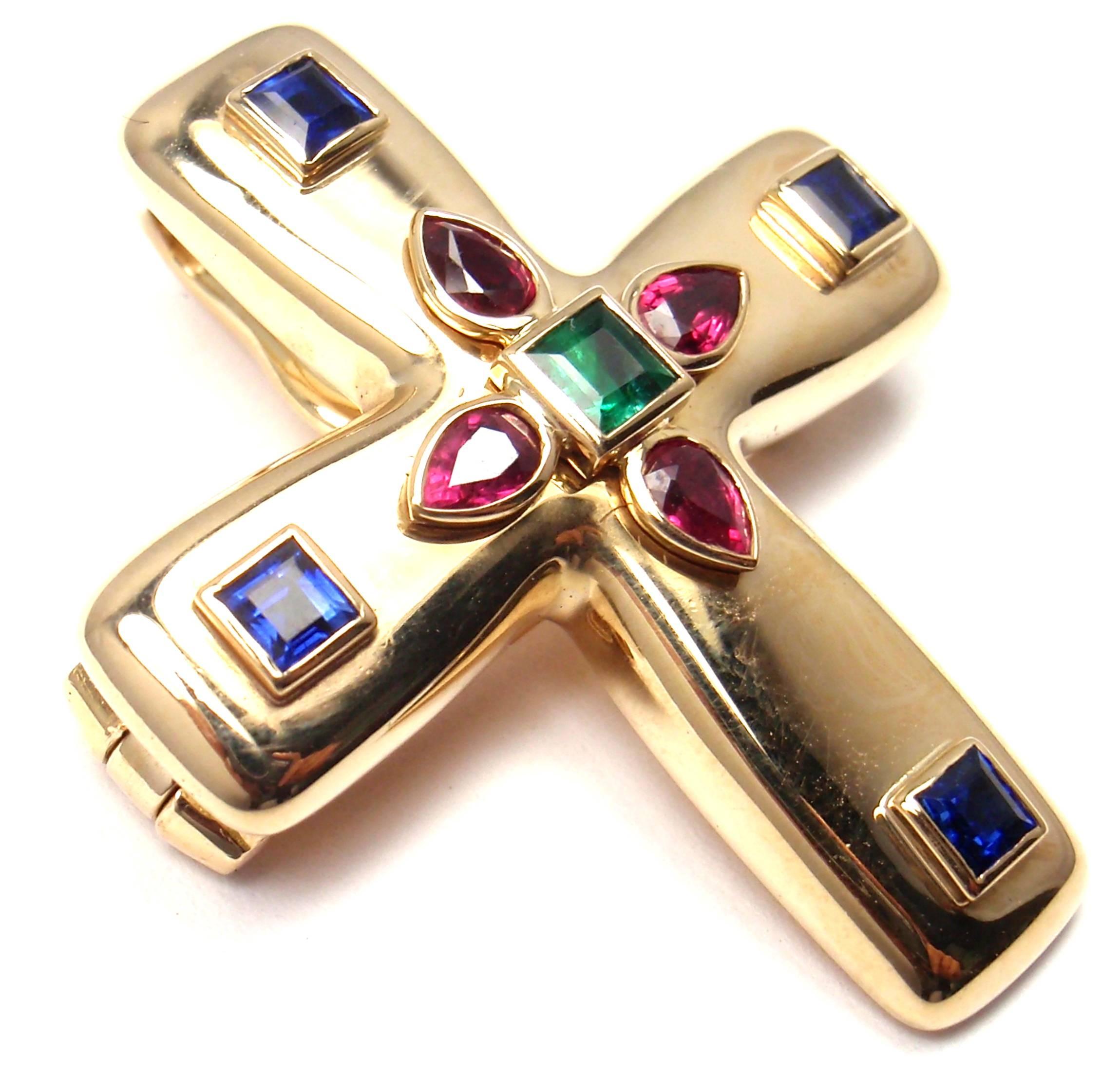 Cartier Vizantija Sapphire Ruby Emeral Cross Yellow Gold Pendant Brooch In New Condition In Holland, PA