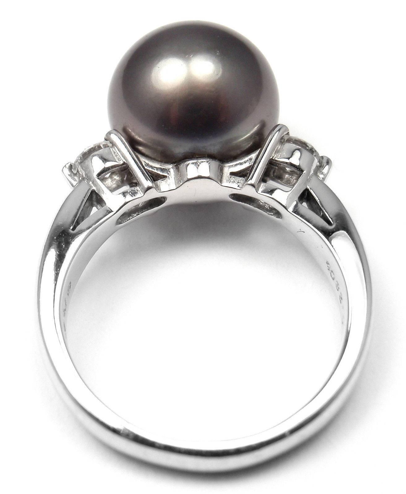 Mikimoto Large Tahitian Pearl Diamond Platinum Ring In New Condition In Holland, PA