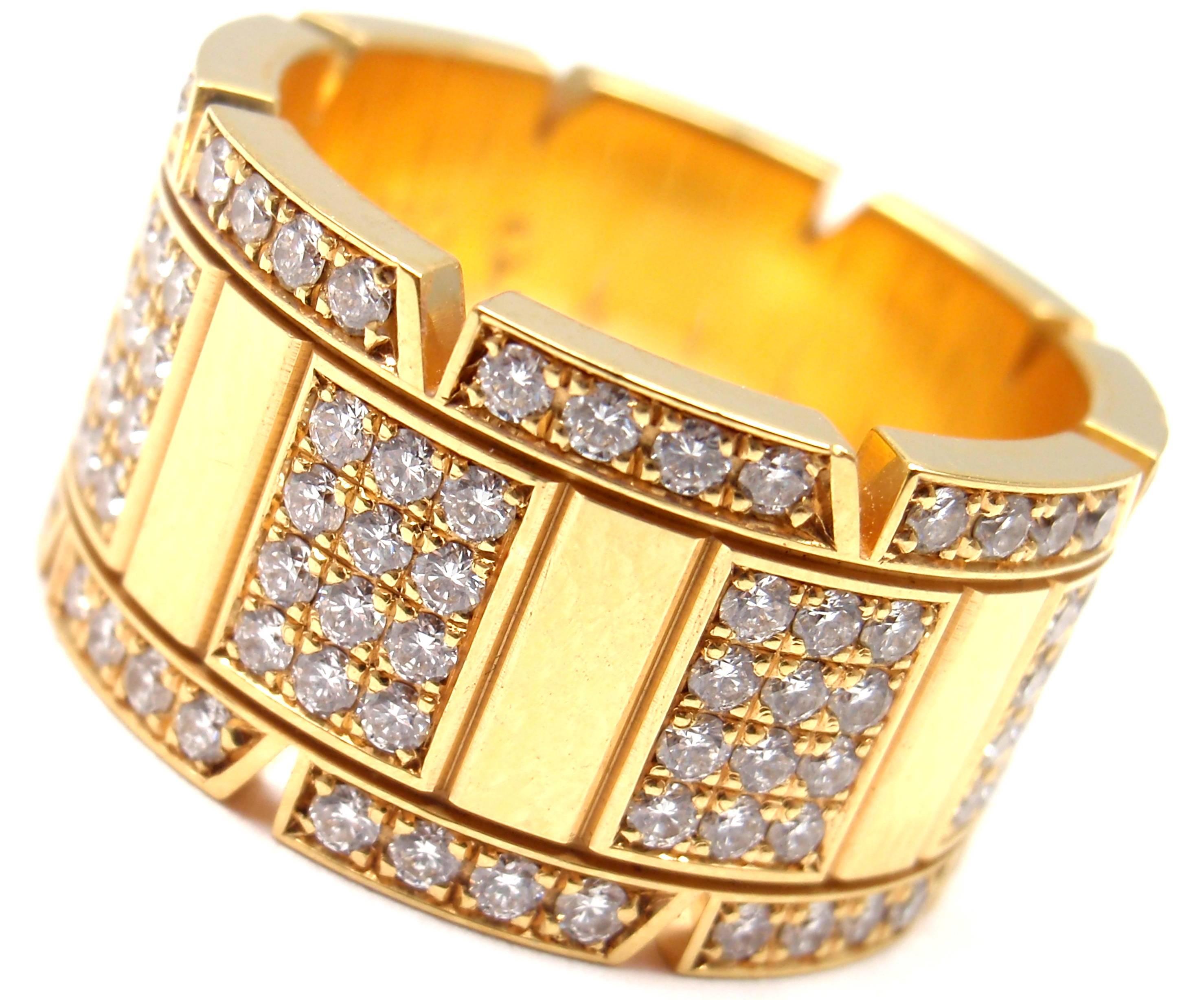 18k Yellow Gold Diamond Large Model Tank Francaise Ring by Cartier. 
With 160 round brilliant cut diamonds total weight approx 2.5ct. 
Diamonds VVS1 clarity, F color.
This absolutely gorgeous ring comes with original Cartier box and a Cartier