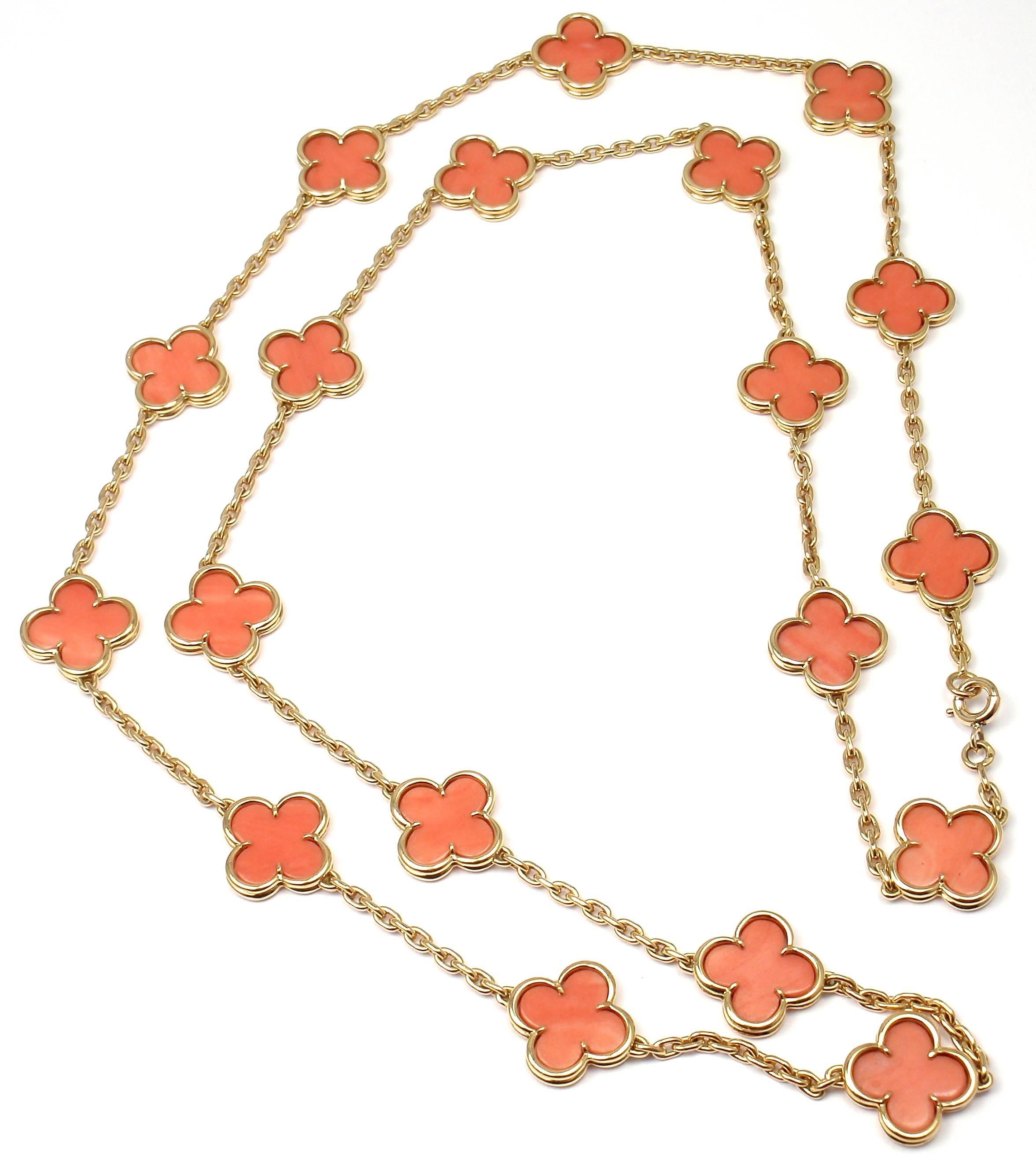 Van Cleef & Arpels Vintage Coral 19 Motifs Alhambra Yellow Gold Necklace.
With 19 motifs of coral alhambra stones 15mm each
*** This is an extremely rare, early, highly collectible coral alhambra necklace 
by Van Cleef &Arpels***

Details: