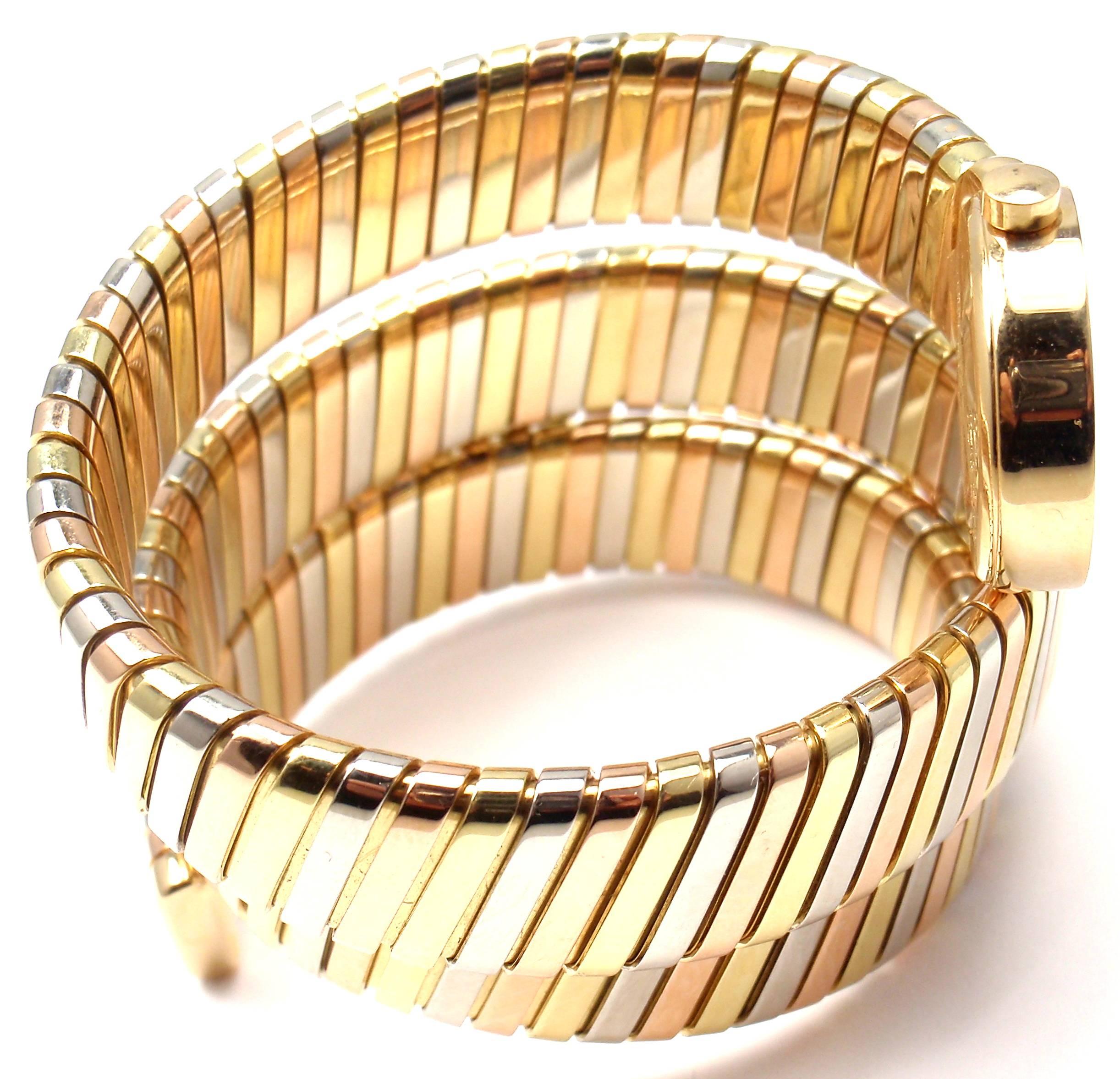 Bulgari Lady's Tricolor Gold Tubogas Serpent Bracelet Wristwatch 5