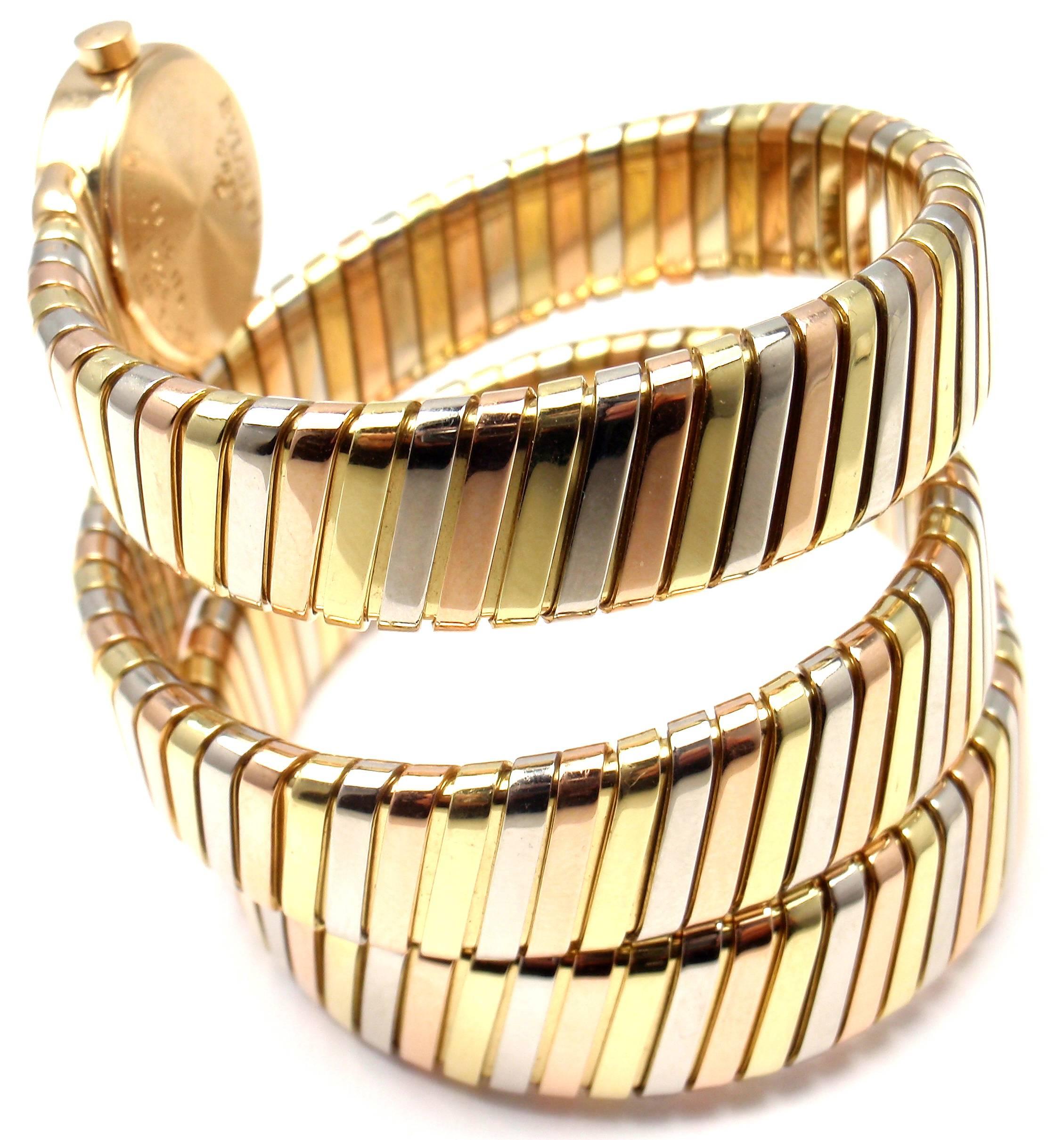 Bulgari Lady's Tricolor Gold Tubogas Serpent Bracelet Wristwatch In New Condition In Holland, PA