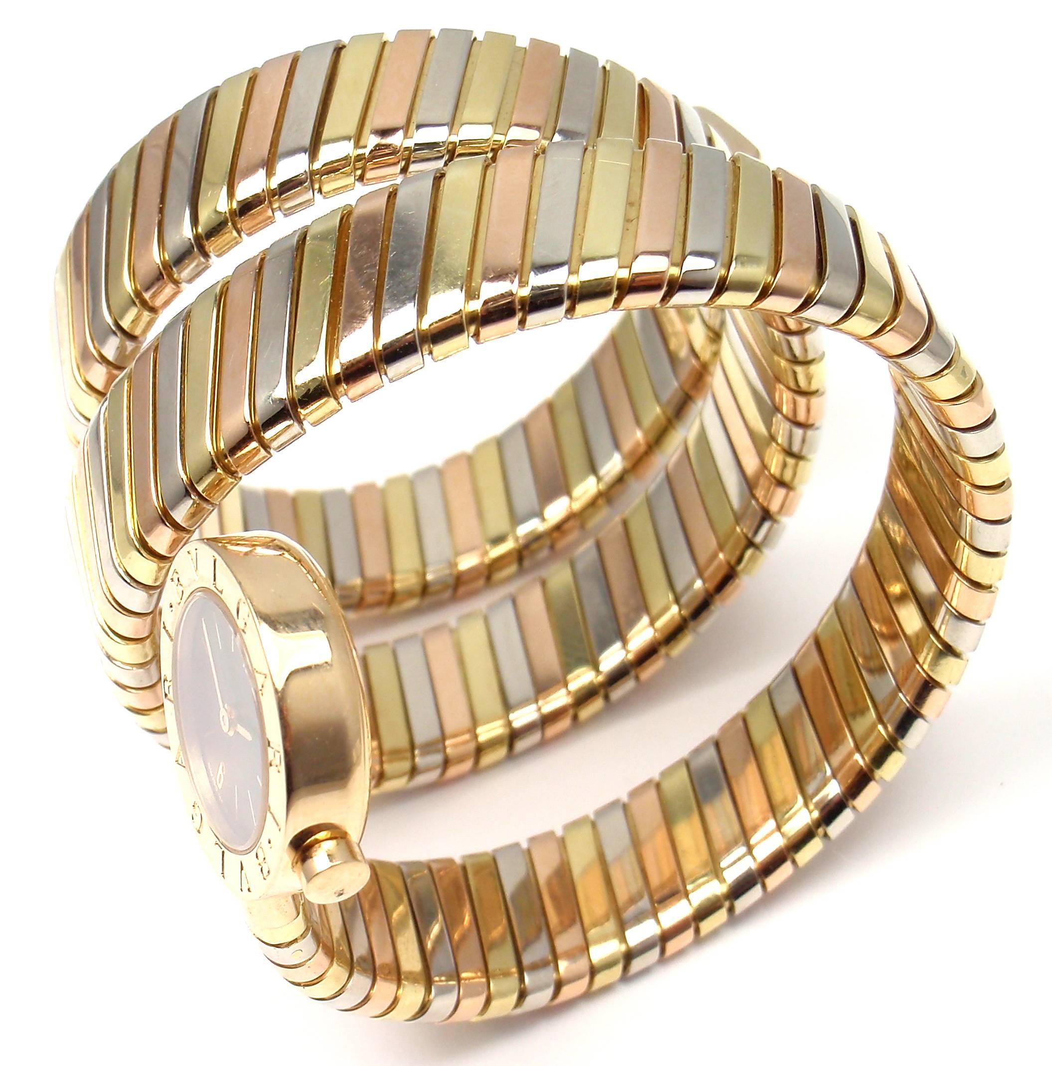 Women's or Men's Bulgari Lady's Tricolor Gold Tubogas Serpent Bracelet Wristwatch