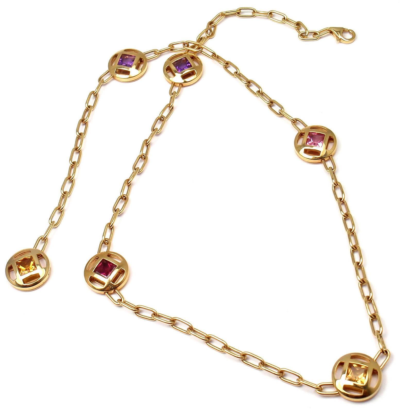 18k Yellow Gold Sapphire Amethyst Citrine Tourmaline Pasha Necklace by Cartier. 
With 2 amethysts, 1 citrine, 1 yellow sapphire, 2 pink tourmalines
This necklace is in mint condition and comes with Cartier box and Cartier certificate.

Details: