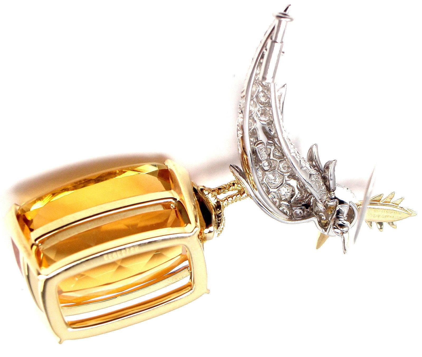 Tiffany & Co. Schlumberger Citrine Diamond Gold Bird on a Rock Brooch 3