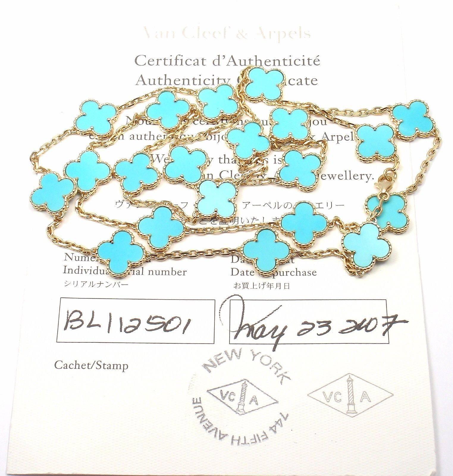 Van Cleef & Arpels Vintage Alhambra Twenty Motif Turquoise Gold Necklace In New Condition In Holland, PA