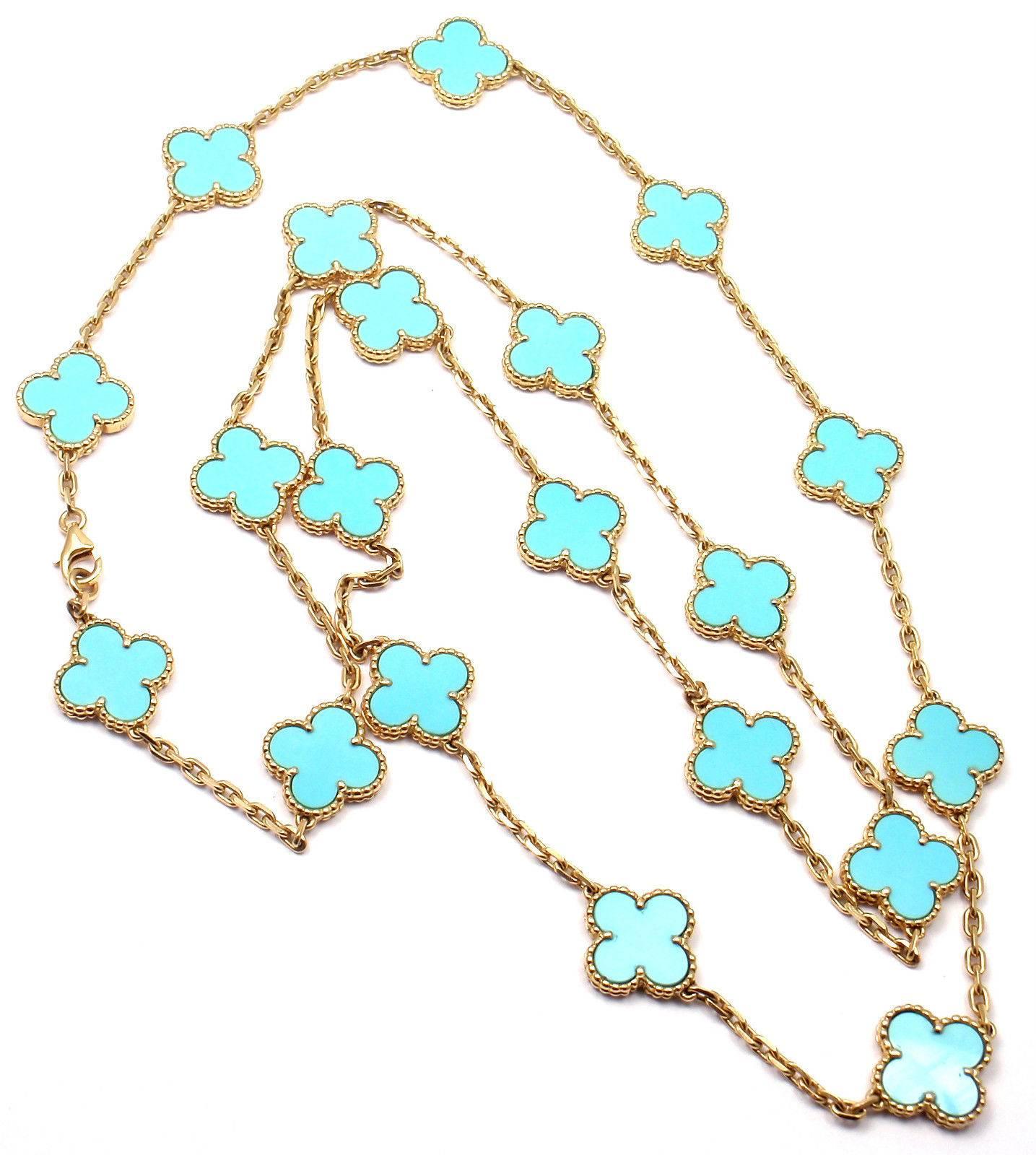 18k Yellow Gold Alhambra Twenty-Motif Turquoise Necklace by
Van Cleef & Arpels, with 20 motifs of Turquoise Alhambra stones, 15mm each.
This necklace comes with Van Cleef & Arpels box and Van Cleef & Arpels certificate.

Details: 
Length: