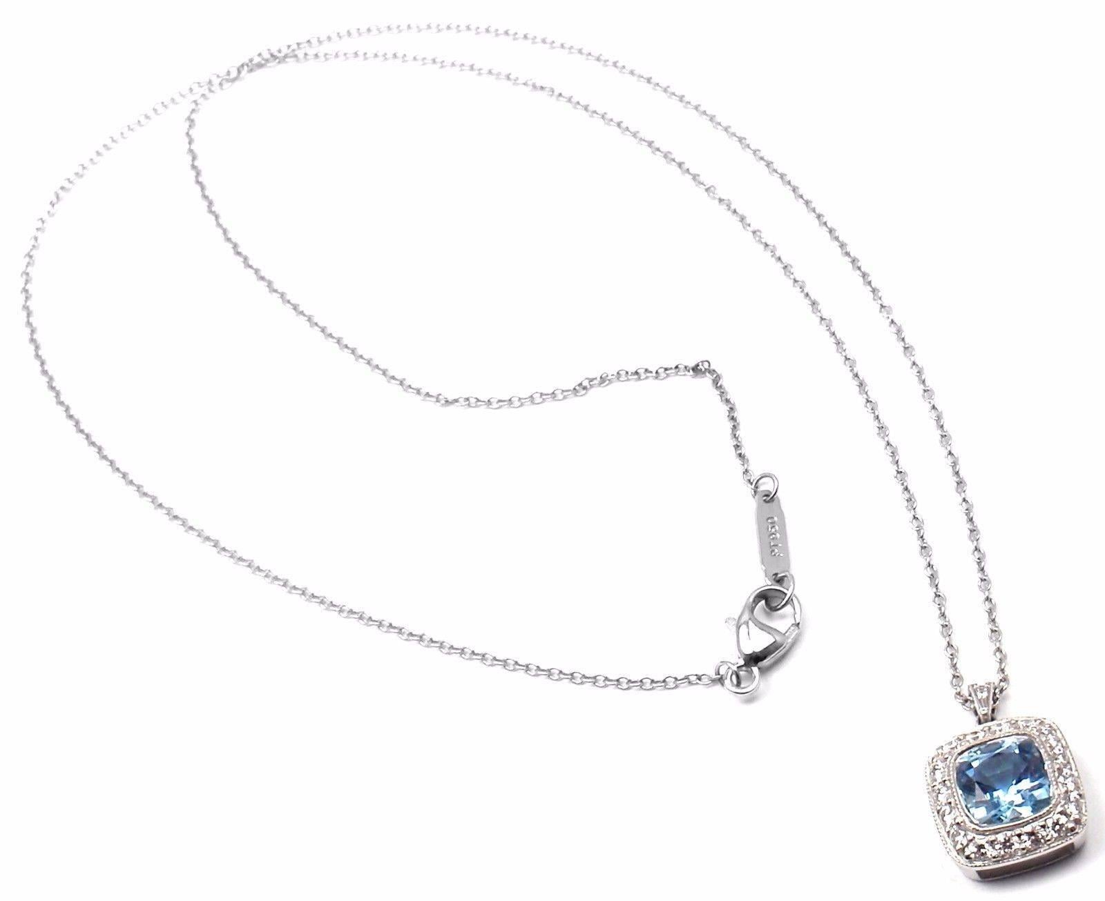 Platinum Diamond and Aquamarine Legacy Pendant Necklace 
by Tiffany & Co.
With 18 round brilliant cut diamonds VS1 clarity, G color total weight approx. .26ct
1 aquamarine total weight approx. 2ct

Details:
Weight: 4.6 grams
Chain Length:
