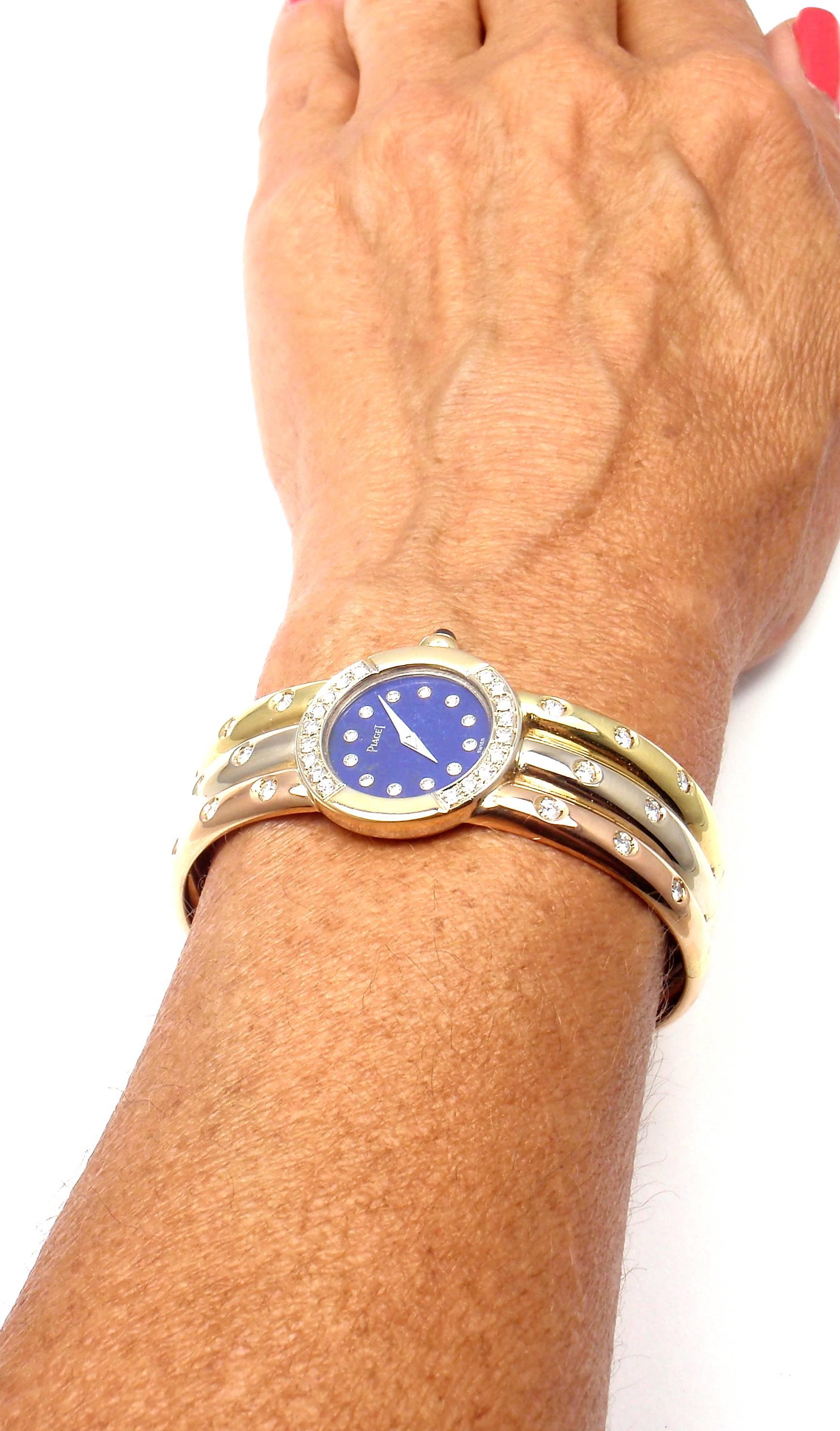 Piaget Tricolor Gold Diamond Lapis Dial Bracelet Wristwatch 6