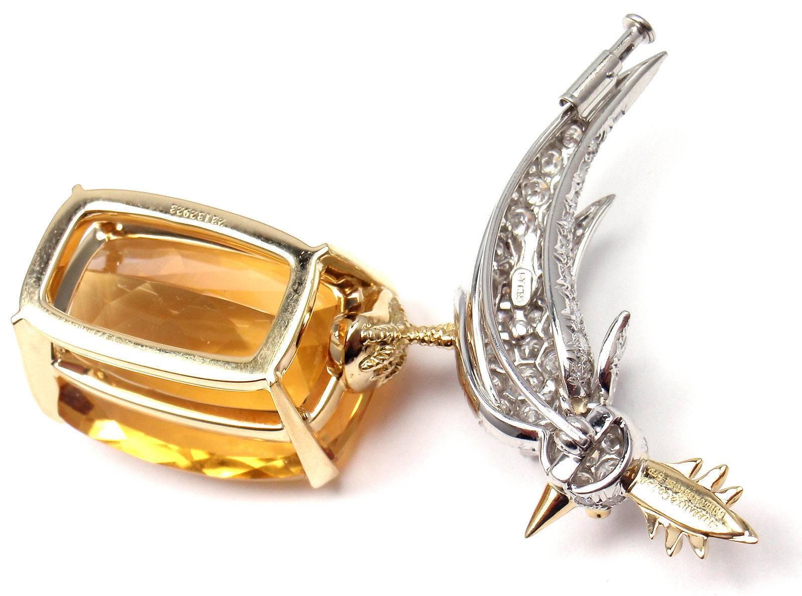 Women's or Men's Tiffany & Co Schlumberger 56ct Citrine Diamond Bird on a Rock Yellow Gold Brooch