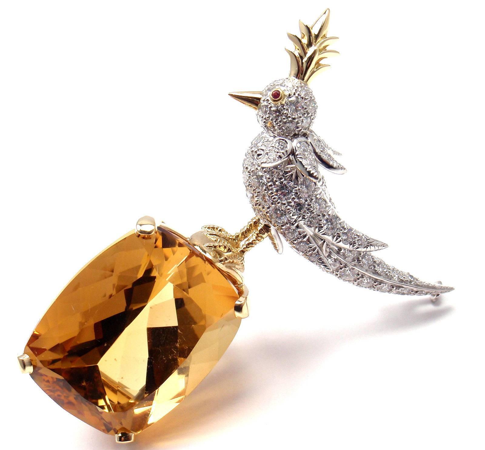 Tiffany & Co Schlumberger 56ct Citrine Diamond Bird on a Rock Yellow Gold Brooch 1