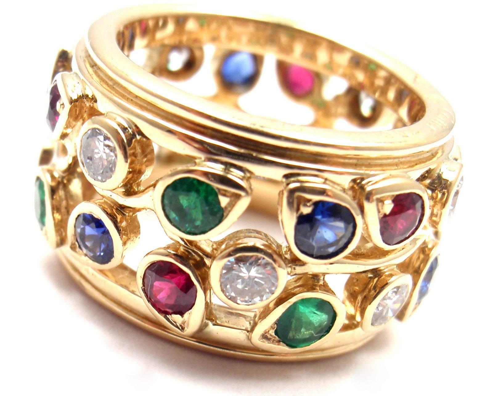 Cartier Diamond Sapphire Emerald Ruby Wide Yellow Gold Band Ring 5