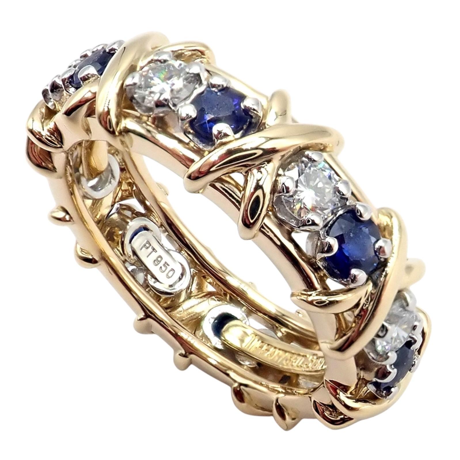 Taglio brillante Tiffany & Co. Jean Schlumberger Anello con zaffiro e diamante in oro e platino in vendita