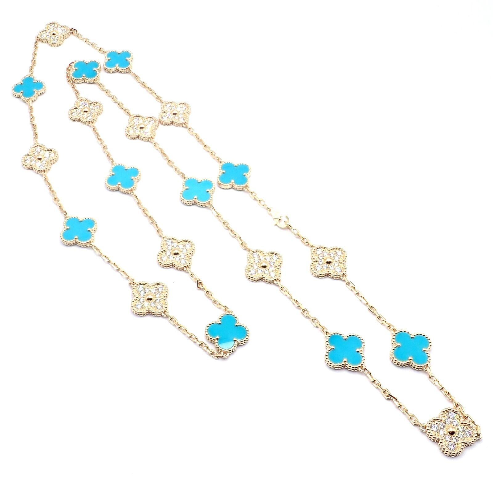 Taglio brillante Van Cleef & Arpels 20 Motif Vintage Alhambra Collana in oro con diamanti e turchesi in vendita