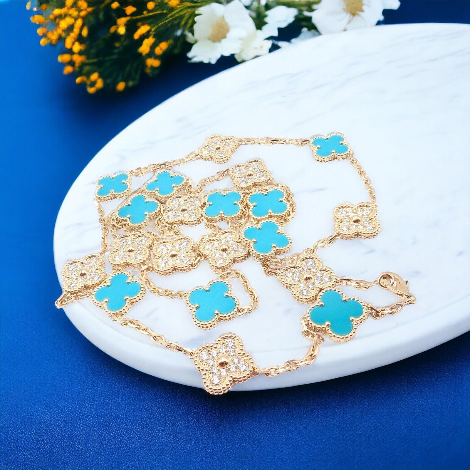 Van Cleef & Arpels 20 Motif Vintage Alhambra Collana in oro con diamanti e turchesi In condizioni ottime in vendita a Southampton, PA