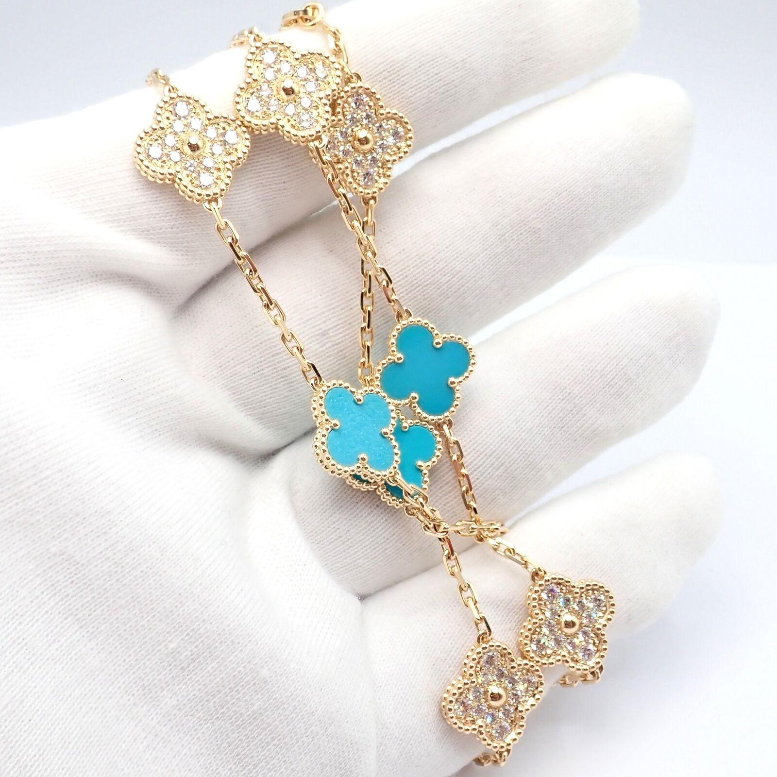 Van Cleef & Arpels 20 Motif Vintage Alhambra Collana in oro con diamanti e turchesi in vendita 4