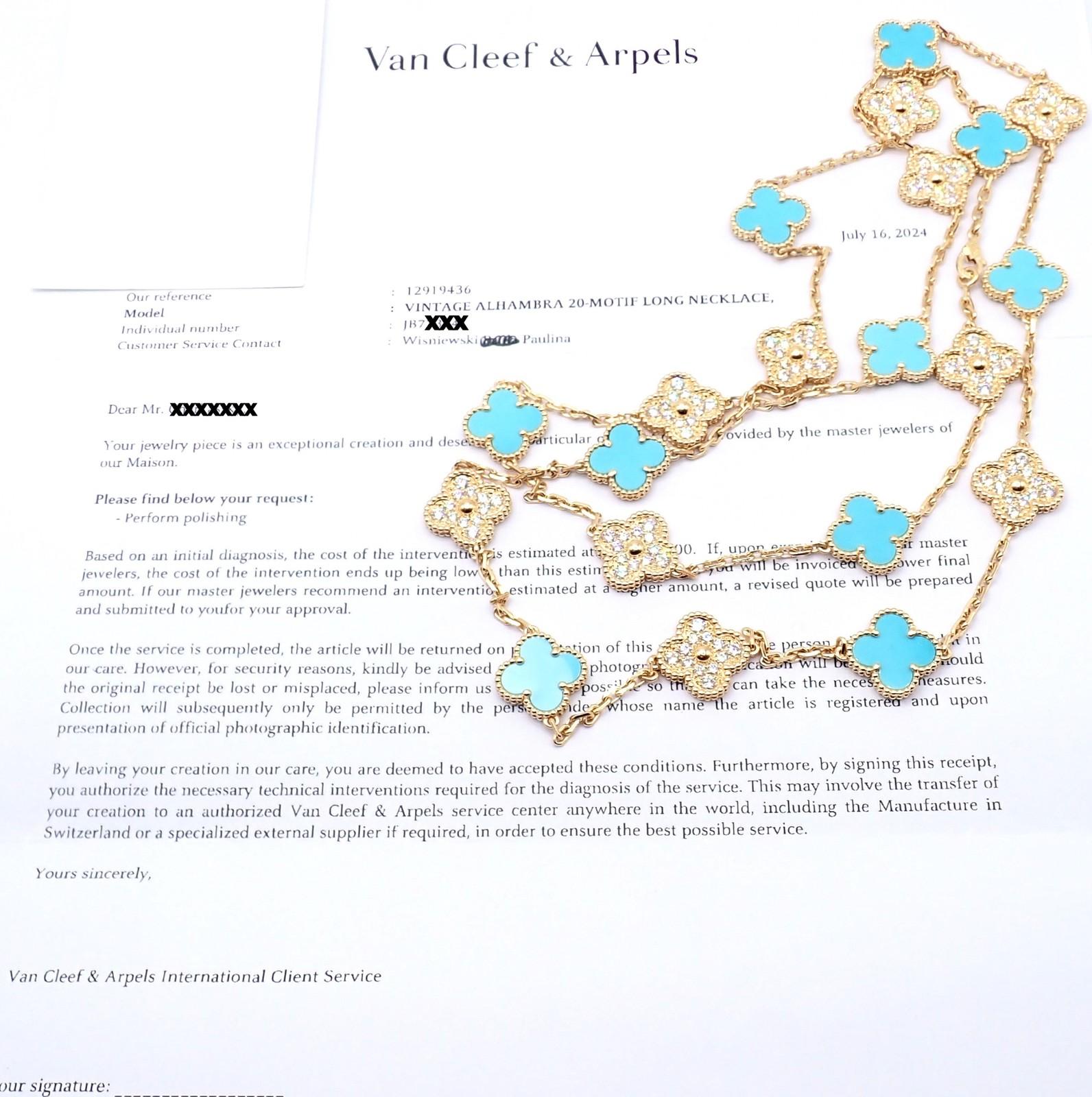 Van Cleef & Arpels 20 Motif Vintage Alhambra Collana in oro con diamanti e turchesi in vendita 7
