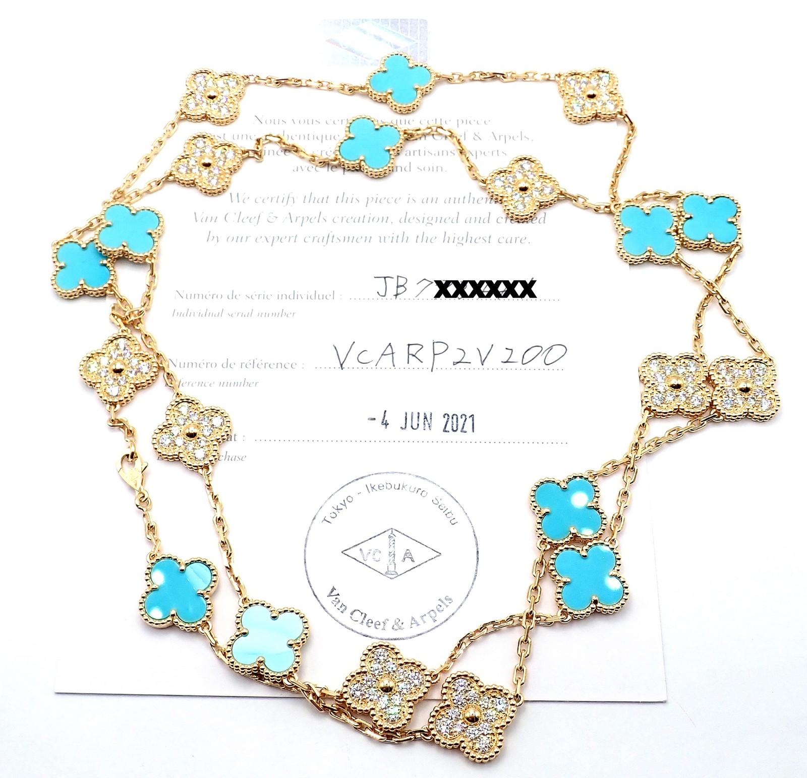 Van Cleef & Arpels 20 Motif Vintage Alhambra Collana in oro con diamanti e turchesi in vendita 8