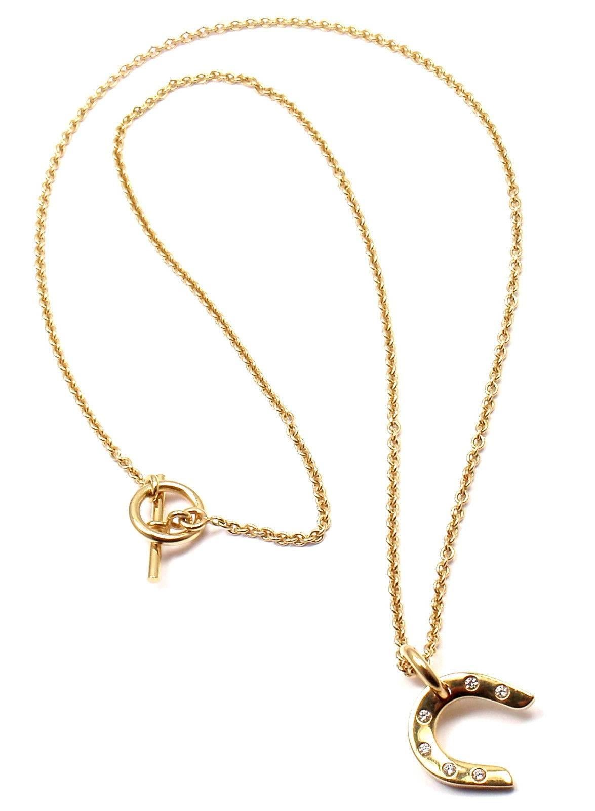 Hermes Diamond Yellow Gold Horseshoe Pendant Chain Necklace 4