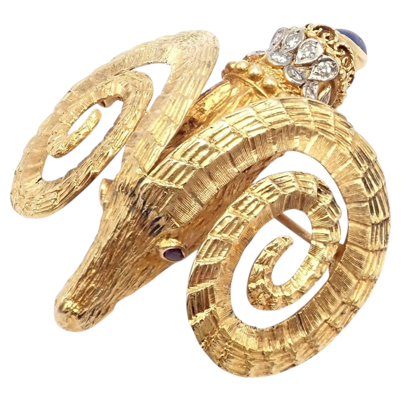 Ilias Lalaounis Ram Ares : grande broche en diamant, rubis, saphir et or jaune