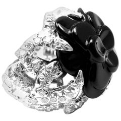 Chanel Camelia Camellia Flower Diamond Onyx White Gold Ring
