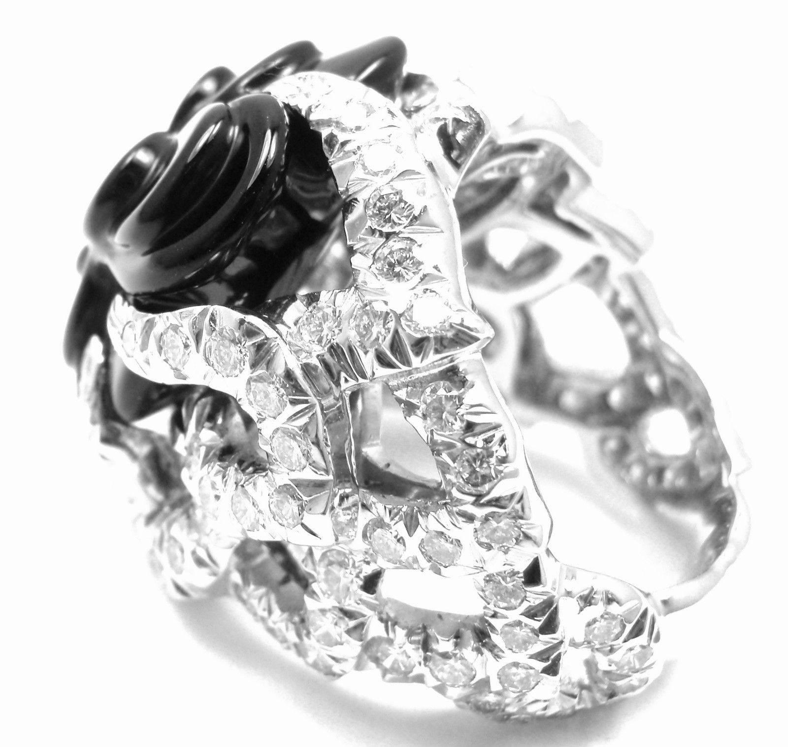 Chanel Camelia Camellia Flower Diamond Onyx White Gold Ring 2