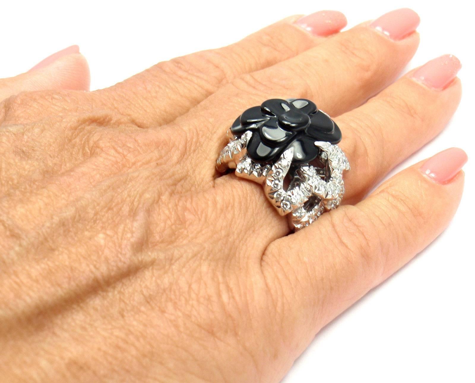 Chanel Camelia Camellia Flower Diamond Onyx White Gold Ring 5
