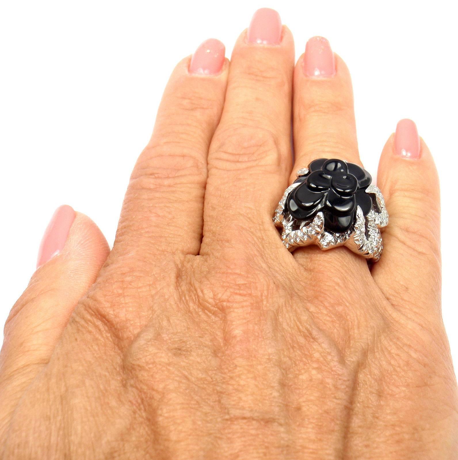 Chanel Camelia Camellia Flower Diamond Onyx White Gold Ring 6