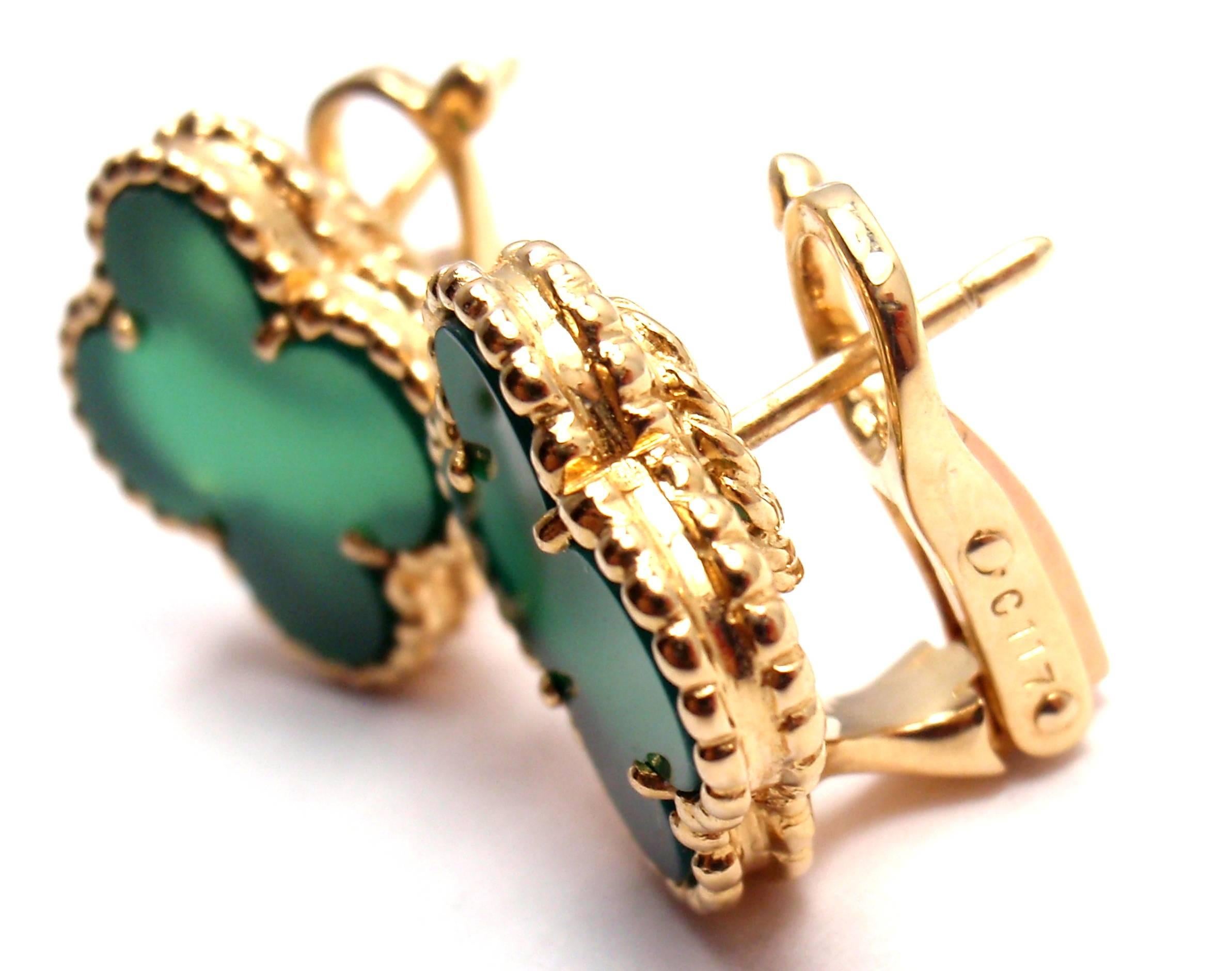 Van Cleef & Arpels Vintage Alhambra Green Chalcedony Yellow Gold Earrings 1