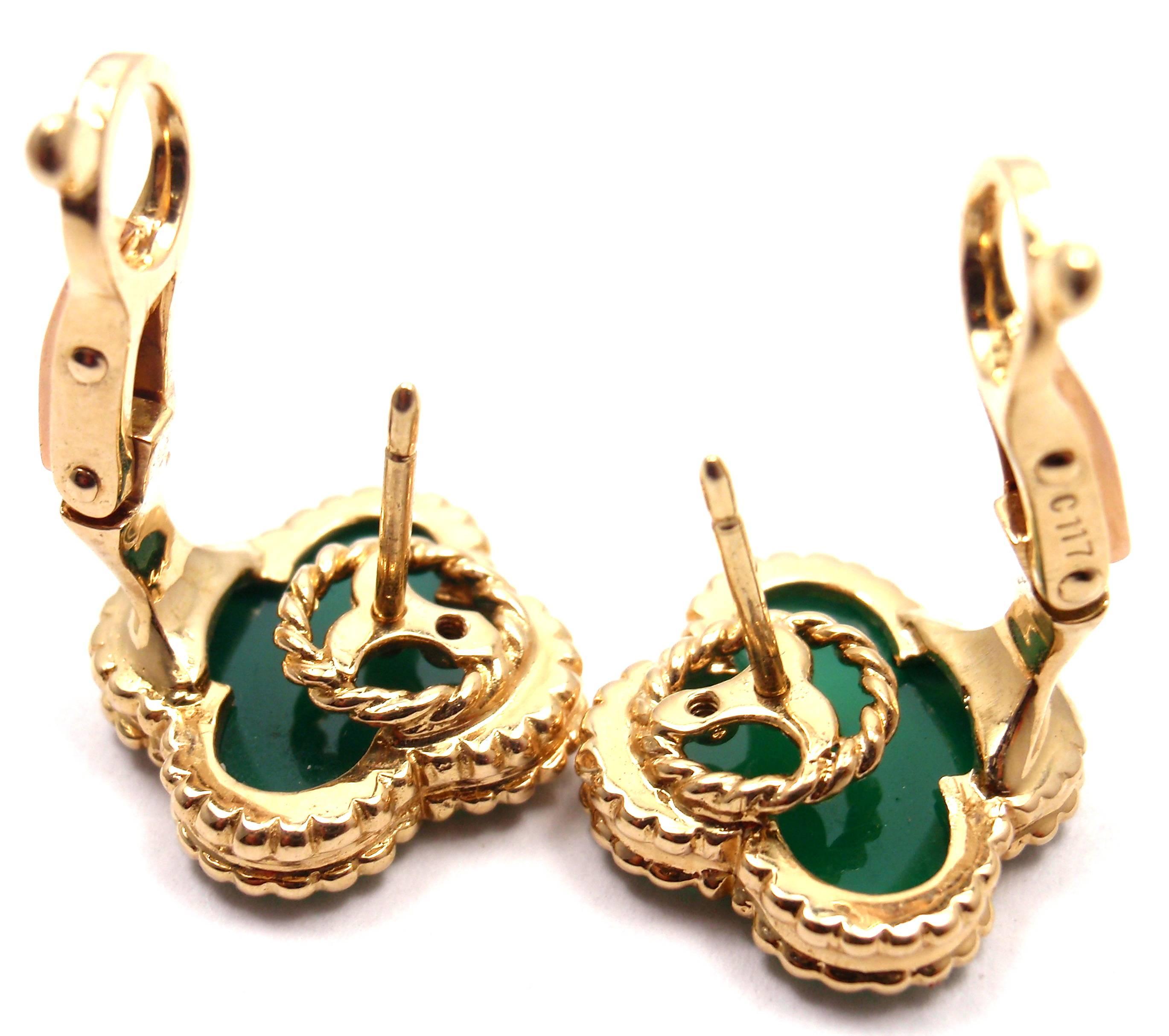 Van Cleef & Arpels Vintage Alhambra Green Chalcedony Yellow Gold Earrings 3