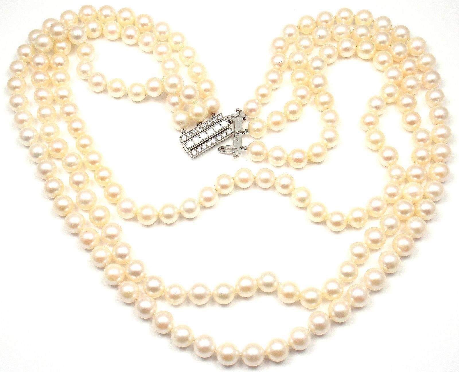 Tiffany & Co. Triple Strand Cultured Pearl Diamond Platinum Necklace 1