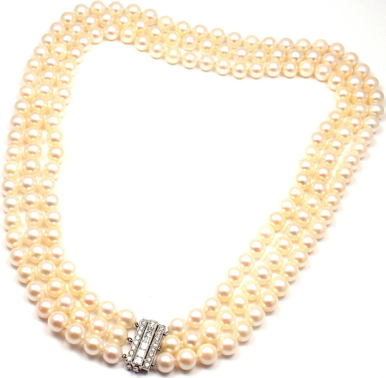 Platinum Diamond & Triple Straned Cultured Pearl Necklace by 
Tiffany & Co. 
With 22 diamonds VS1 clarity, E color total weight approx. 2ct 
179 cultured pearls 8mm - 7.5mm

Details:
Measurements:
Necklace Length: 18