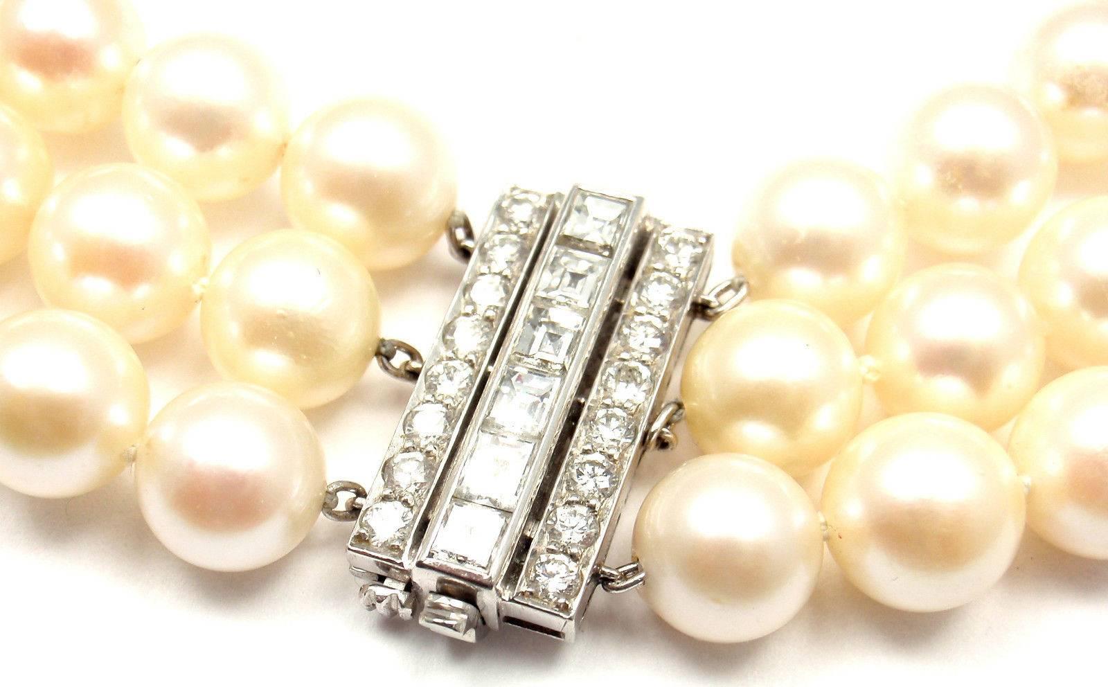 Tiffany & Co. Triple Strand Cultured Pearl Diamond Platinum Necklace In New Condition In Holland, PA