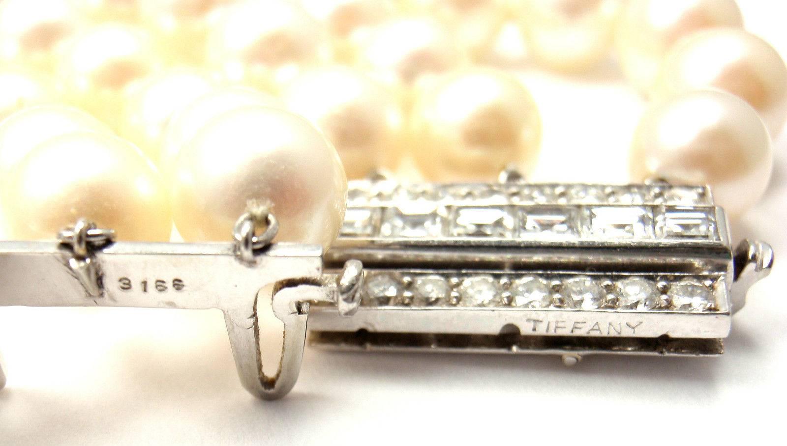 Tiffany & Co. Triple Strand Cultured Pearl Diamond Platinum Necklace 2