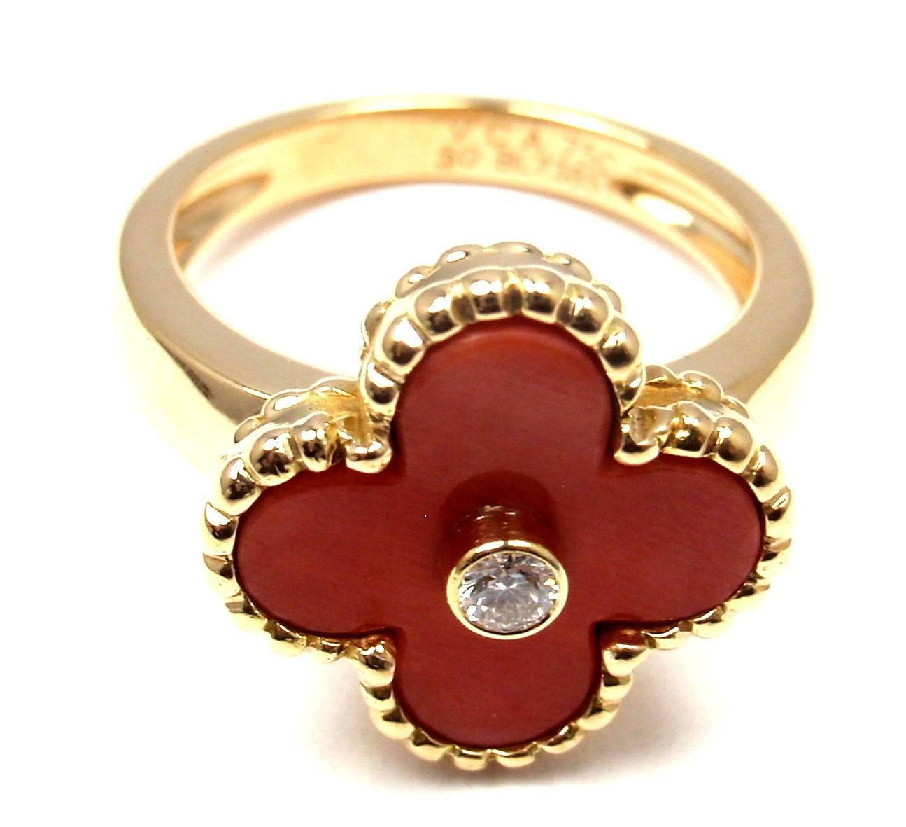 Van Cleef & Arpels Vintage Alhambra Coral Diamond Gold Cocktail Ring In New Condition In Holland, PA
