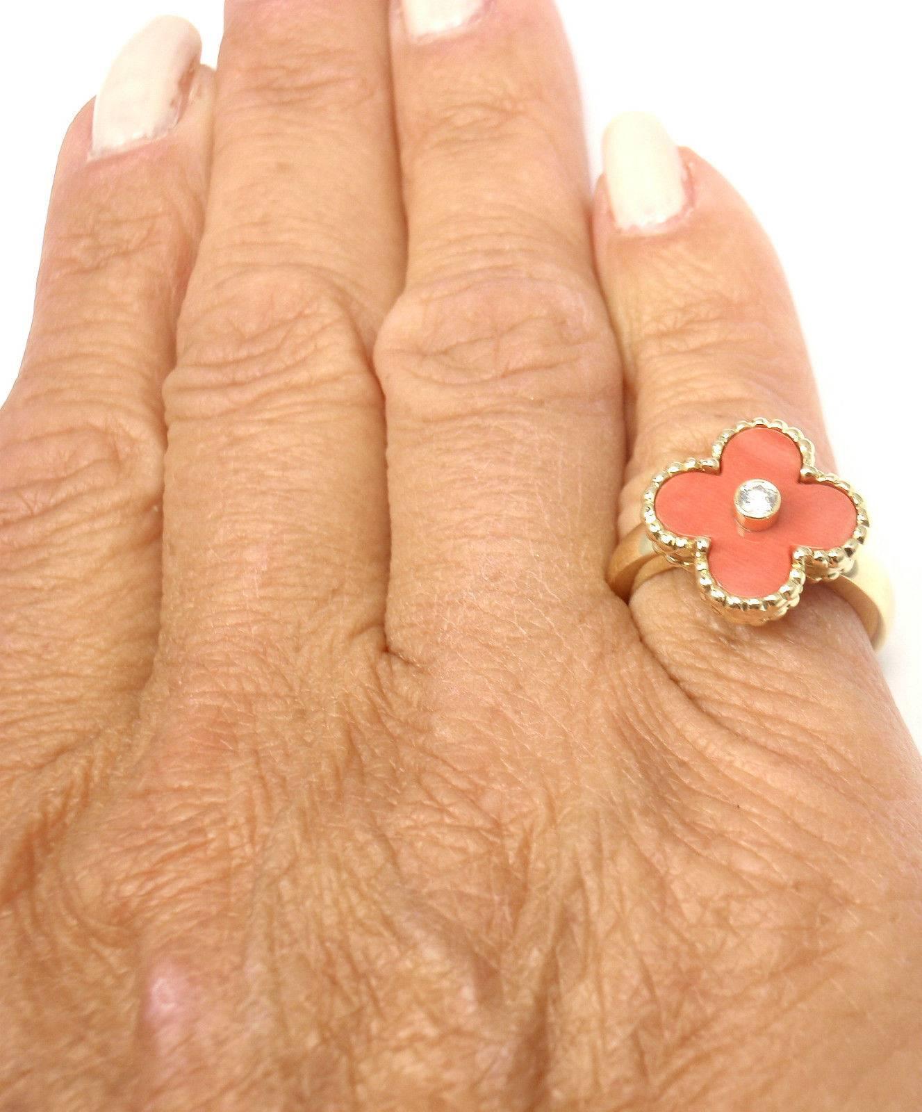 Women's Van Cleef & Arpels Vintage Alhambra Coral Diamond Gold Cocktail Ring