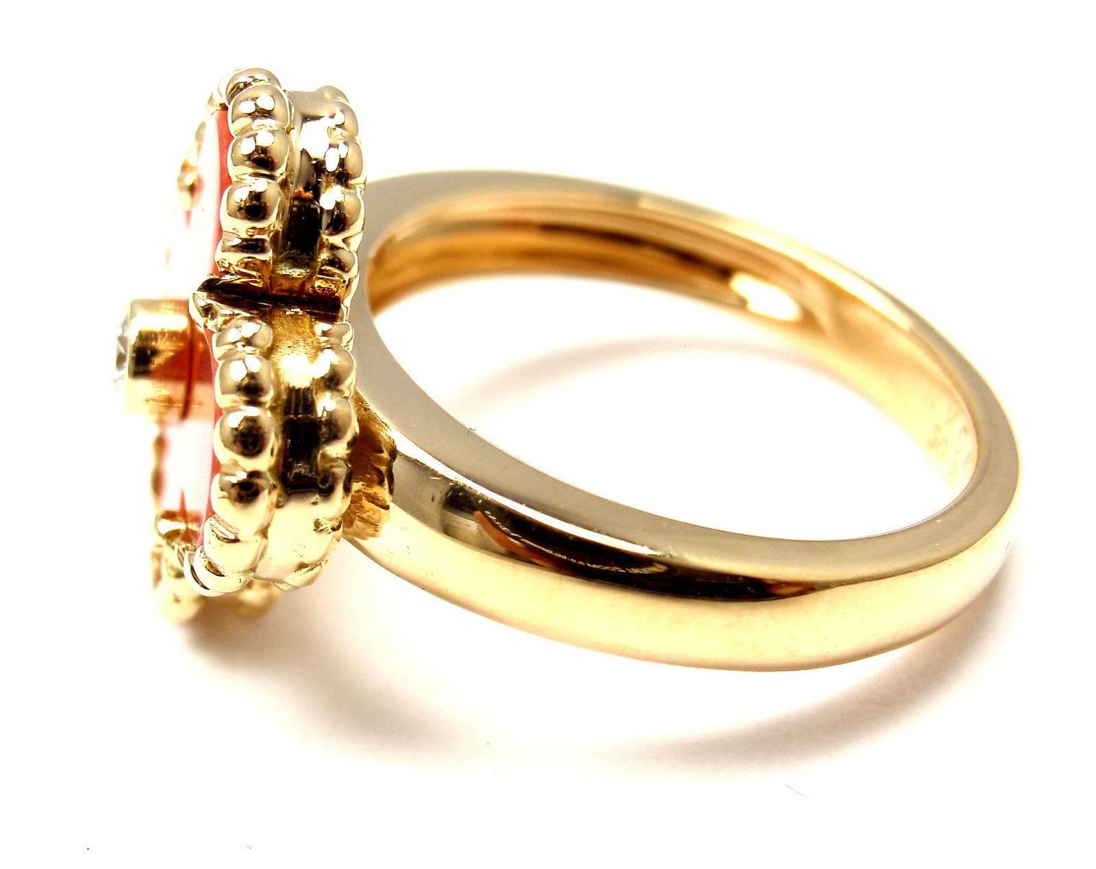 Van Cleef & Arpels Vintage Alhambra Coral Diamond Gold Cocktail Ring 1