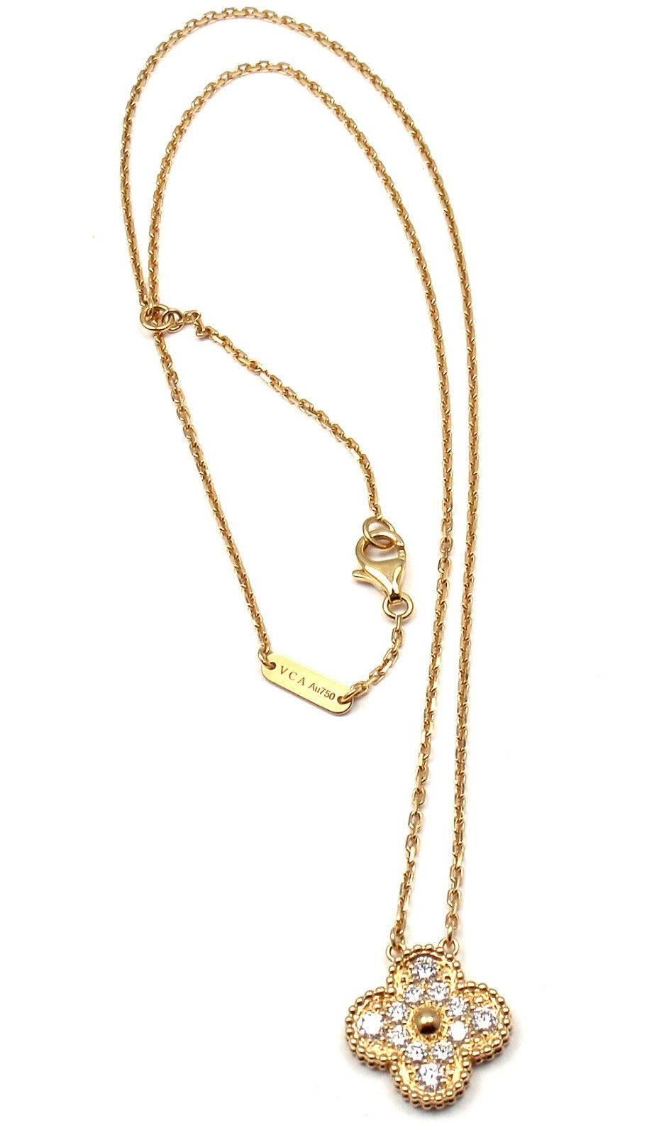 18k Yellow Gold Diamond Alhambra Pendant Necklace by Van Cleef & Arpels.
With 12 brilliant round cut diamonds VVS1 clarity, E color
Total weight .50ctw
This necklace comes with original VCA certificate and a VCA box.

Details:
18'' necklace,