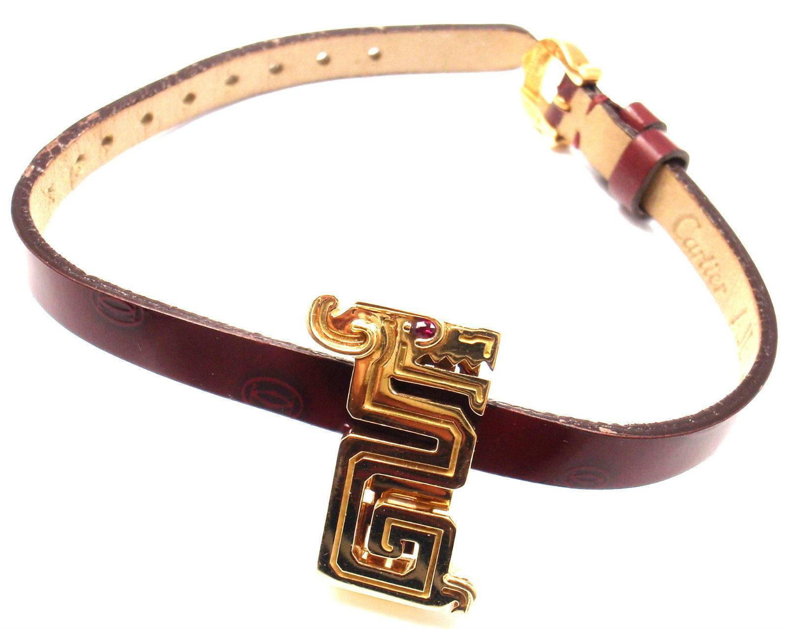 Women's Cartier Le Baiser Du Dragon Ruby Gold Charm Pendant On A Leather Bracelet