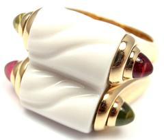 Bulgari Carved White Ceramic Pink & Green Tourmaline Yellow Gold Ring