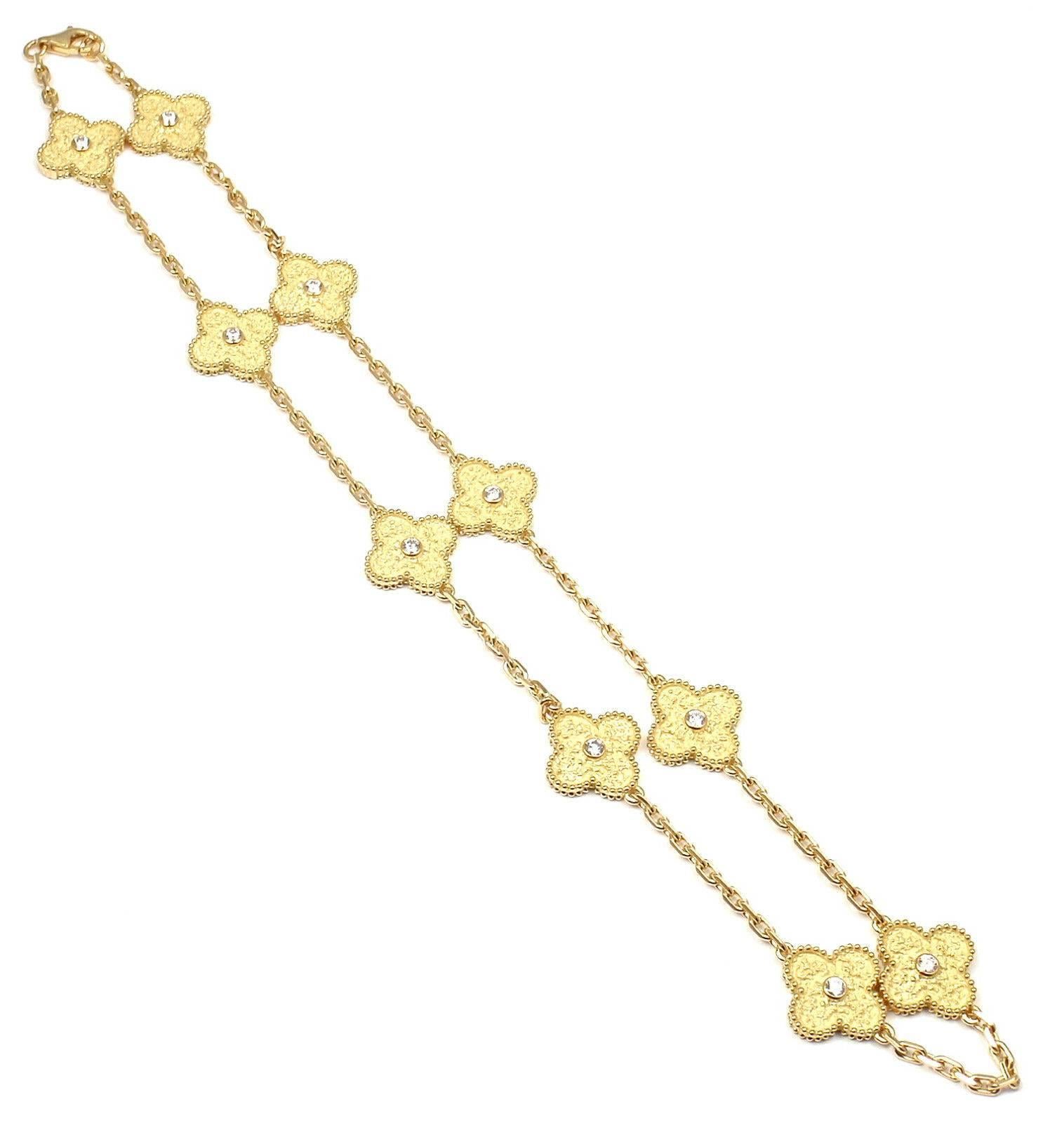 18k Yellow Gold 10 Motif Diamond Vintage Alhambra Necklace by Van Cleef & Arpels.
With 10 round brilliant cut diamond VVS1 clarity, 
E color total weight .60ct 
This necklace comes with Van Cleef & Arpels service paper from VCA store in