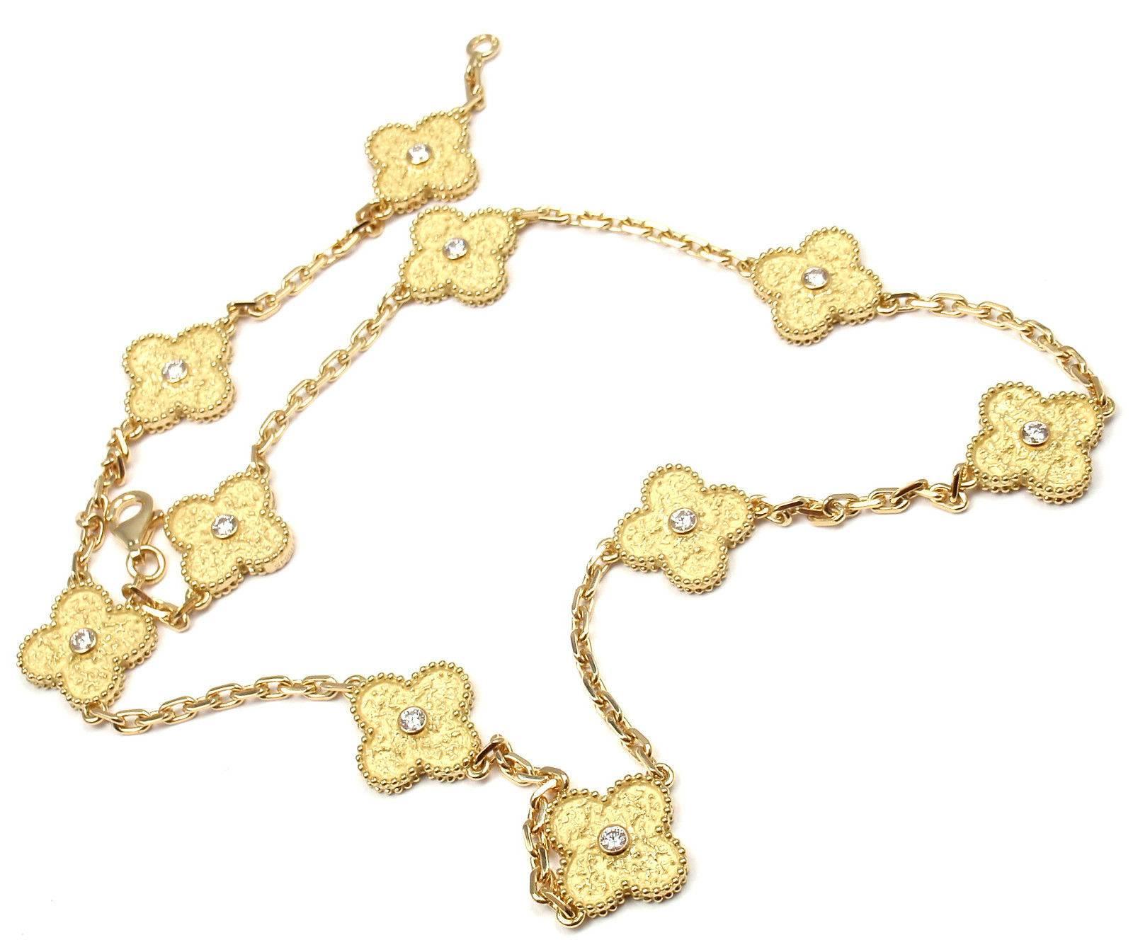 Women's Van Cleef & Arpels 10 Motif Vintage Alhambra Diamond Yellow Gold Necklace