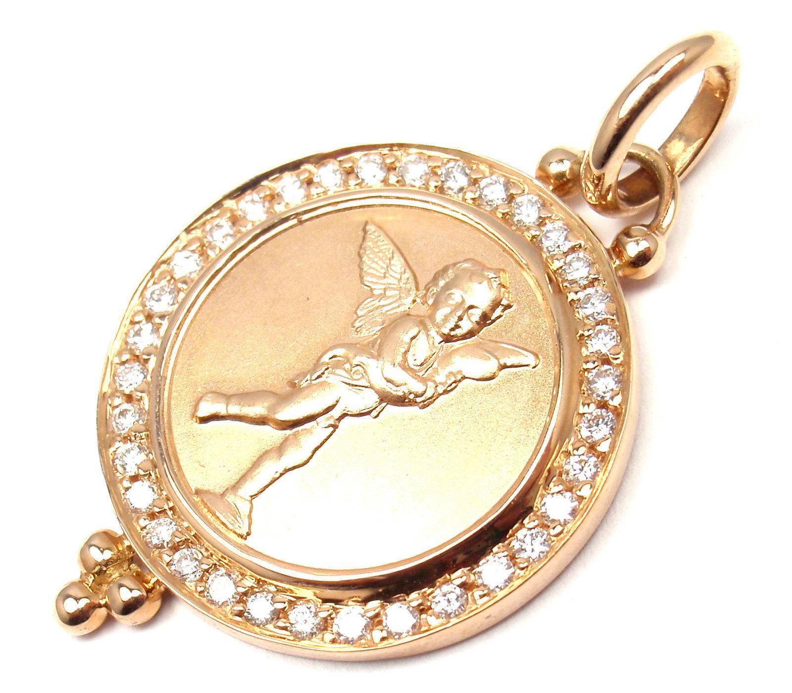 18k Rose Gold Diamond Cherub Angels Pendant by Temple St Clair. 
This piece comes with a pouch. 
With Round Diamonds total weight (0.34ctw)

Details: 
Measurements: 21mm in diameter and 35mm in length with bail, 
7mm thick bale
Weight: 9