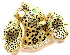 Gay Freres Leopard Diamond Emerald Brooch Earrings Yellow Gold Set