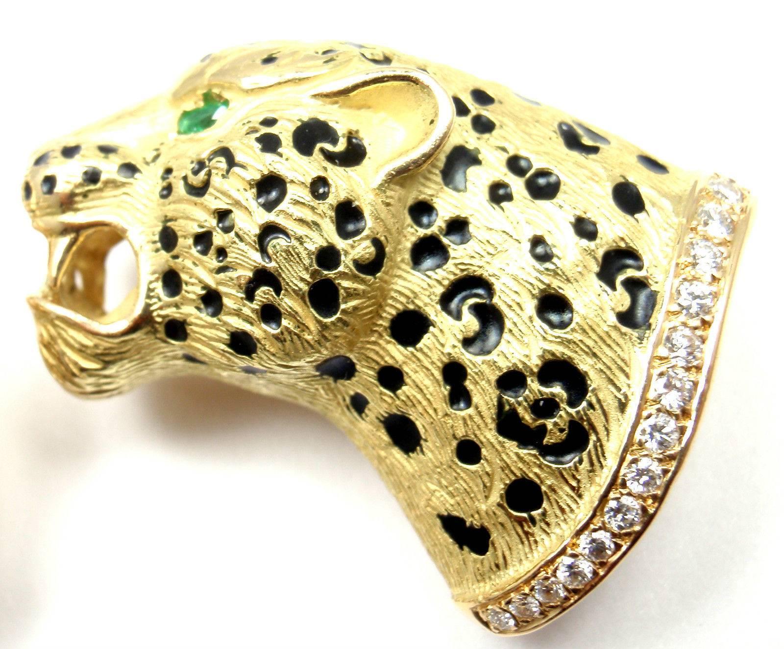 Gay Freres Leopard Diamond Emerald Brooch Earrings Yellow Gold Set 1