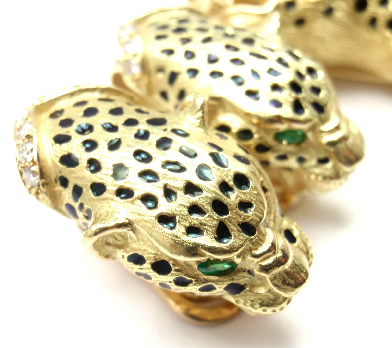 Women's Gay Freres Leopard Diamond Emerald Brooch Earrings Yellow Gold Set