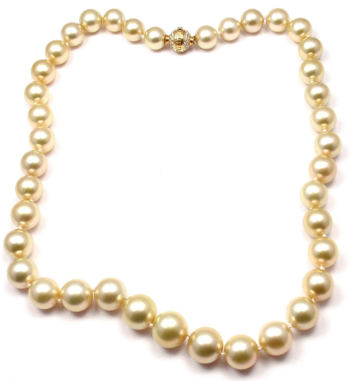 18k Yellow Gold Diamond Large Golden South Sea Peal Necklace by Mikimoto. 
With With 39 Total Golden South Sea Large Pearls, from 13mm - 10mm in diameter, on a 19