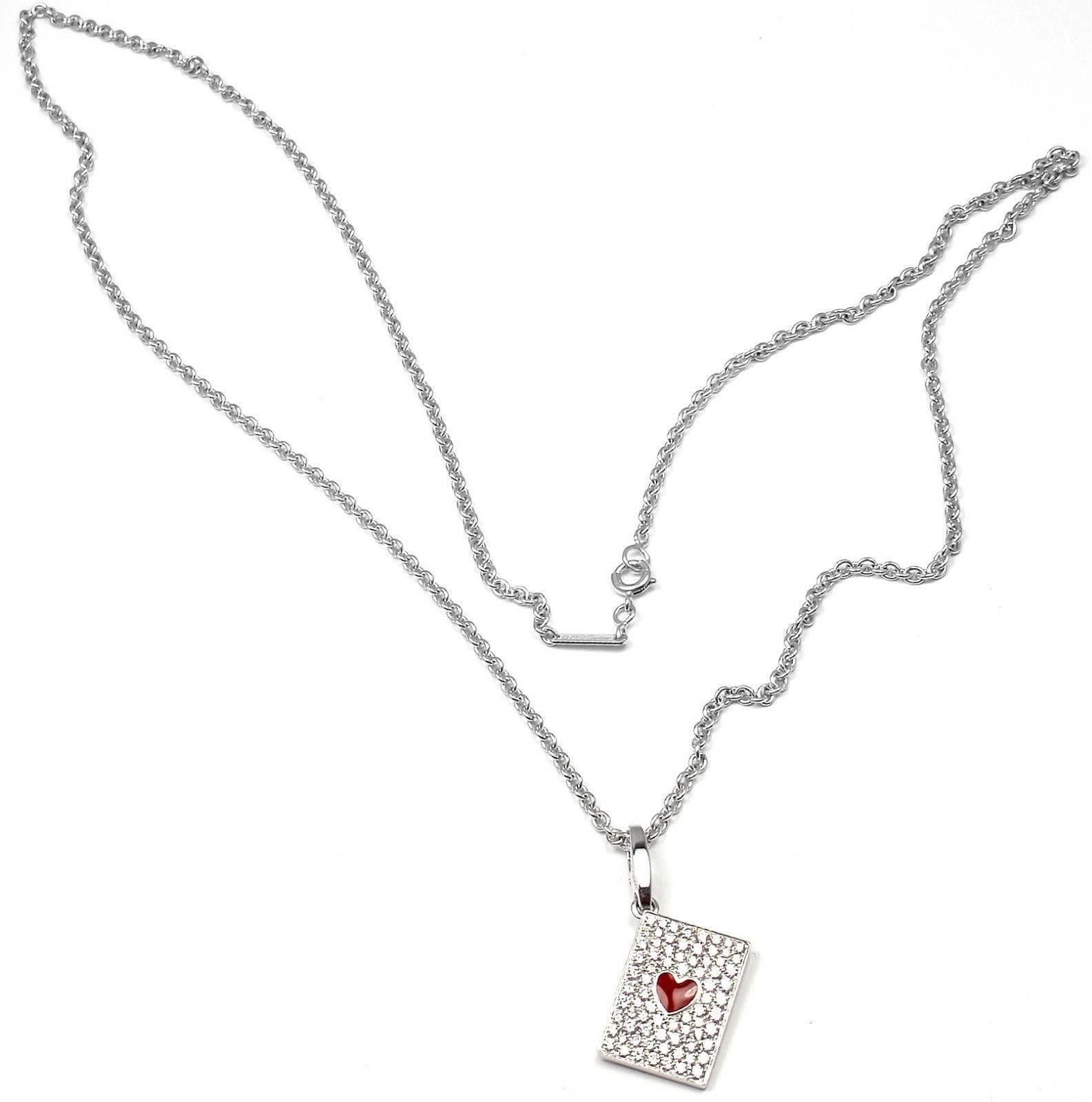 18k White Gold Diamond Ace Of Hearts Card Pendant Necklace by Cartier. 
This necklace comes with an original Cartier box. 
With 90 round brilliant cut diamonds VVS1 clarity, E color total weight approx. 1.5ct
** This pendant is very rare it is
