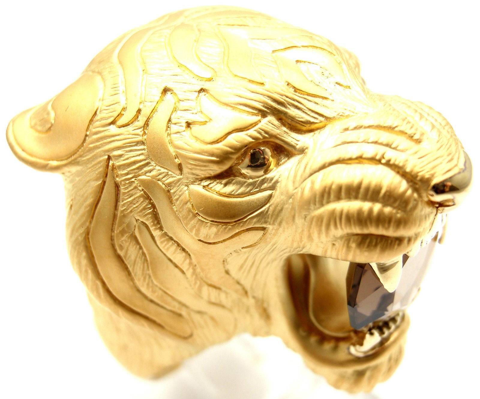 Carrera Y Carrera Bestiario Tiger Smokey Quartz Yellow Gold Large Ring In New Condition In Southampton, PA